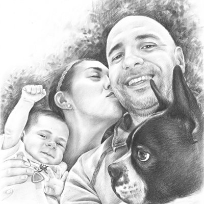Hand Drawn Pencil Sketch Portrait of A Family with A Dog - myDaVinci